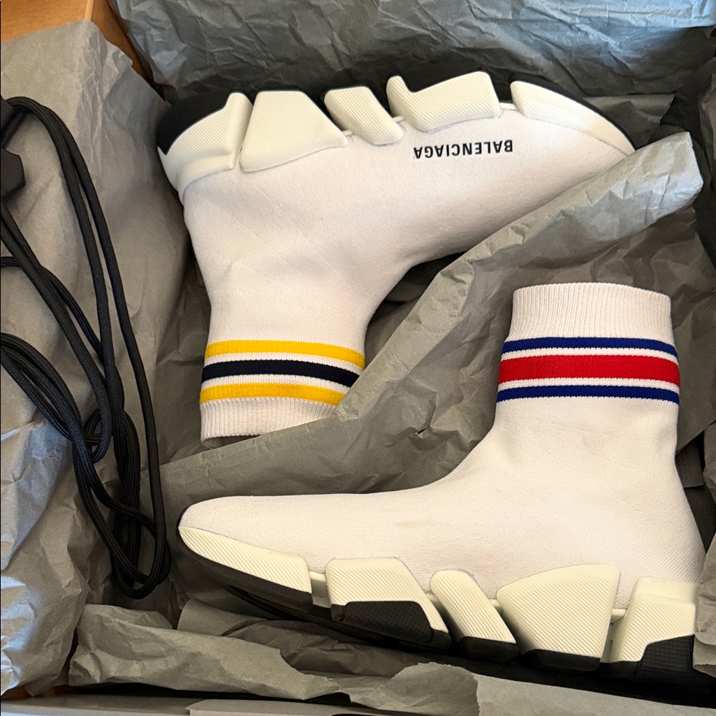 Balenciaga White Sock Sneakers With Yellow, Black, Red & Blue Stripes Speed 2.0